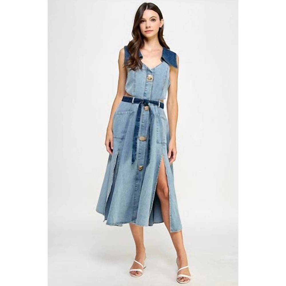 NEW PASTEL DESIGN denim belted midi dress in blue